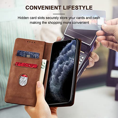 Image of Jasonyu Flip Wallet Case for iPhone 11 Pro Max,Leather Magnetic Folio Cover with Card Holder,Kickstand - TPU Shockproof Durable Protective Phone Case,Brown
