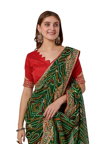 Image of Women's Georgette Bandhani Printed Embroidery Saree with Unstitched Blouse Piece