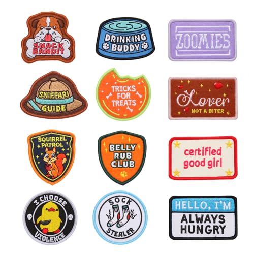 Abofth 12 Pcs Funny Dog Patches for Harness Removable Embroidered Appliques with Hook & Loop Tactical Vest Patches for Pets Cute Puppy Badges(Good Girl)