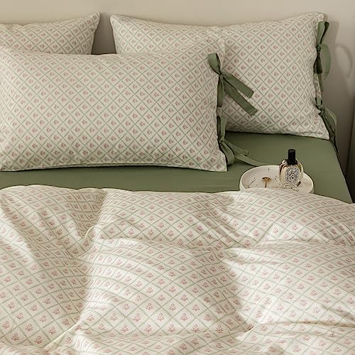 VM VOUGEMARKET Red Blooming Duvet Cover Set Twin,Green Plaid Grid Duvet Cover with 2 Bowknot Pillowcases 100% Cotton Chic Garden Style Bedding Set for Girls Women Without Comforter