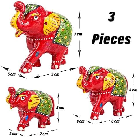 Hand-Painted Paper Mache Elephant Set - Traditional Indian Folk Art Decor for Home, Office, and Celebrations (Set of 6) - Red & White