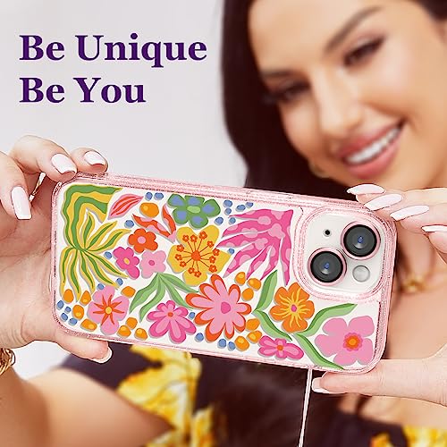 Image of Designed for iPhone 14 Case Pink Glitter Clear - Cute Bling Phone Case with Wrist Strap - Aesthetic Y2K Case for Woman, Girl 6.1 inch (Passion Flower)