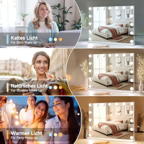 مرآة إديمنس هوليوود إل إي دي الذكية الكبيرة للمكياج ٥٨ × ٤٦ سم - تحكم باللمس، ١٥ إضاءة قابلة للتعديل، قاعدة ثابتة - هدية فاخرة للسيدات والعروس