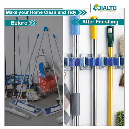 Image of JIALTO 3 Pcs Adhesive Mop Holder and Broom Holder Wall Mounted Stainless Steel | Heavy Duty Mop & Broom Organizer with Hooks | Adhesive Storage Rack for Kitchen & Bathroom (Blue, 3)