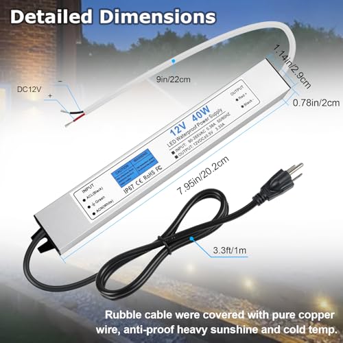 Image of LED Driver 40 Watts, IP67 Waterproof 12V Power Supply, AC 90-265V to DC 12V 3.33A Low Voltage Transformer with 3-Prong Plug 3.28ft Cable for LED Lights, Computer Project, Outdoor Use