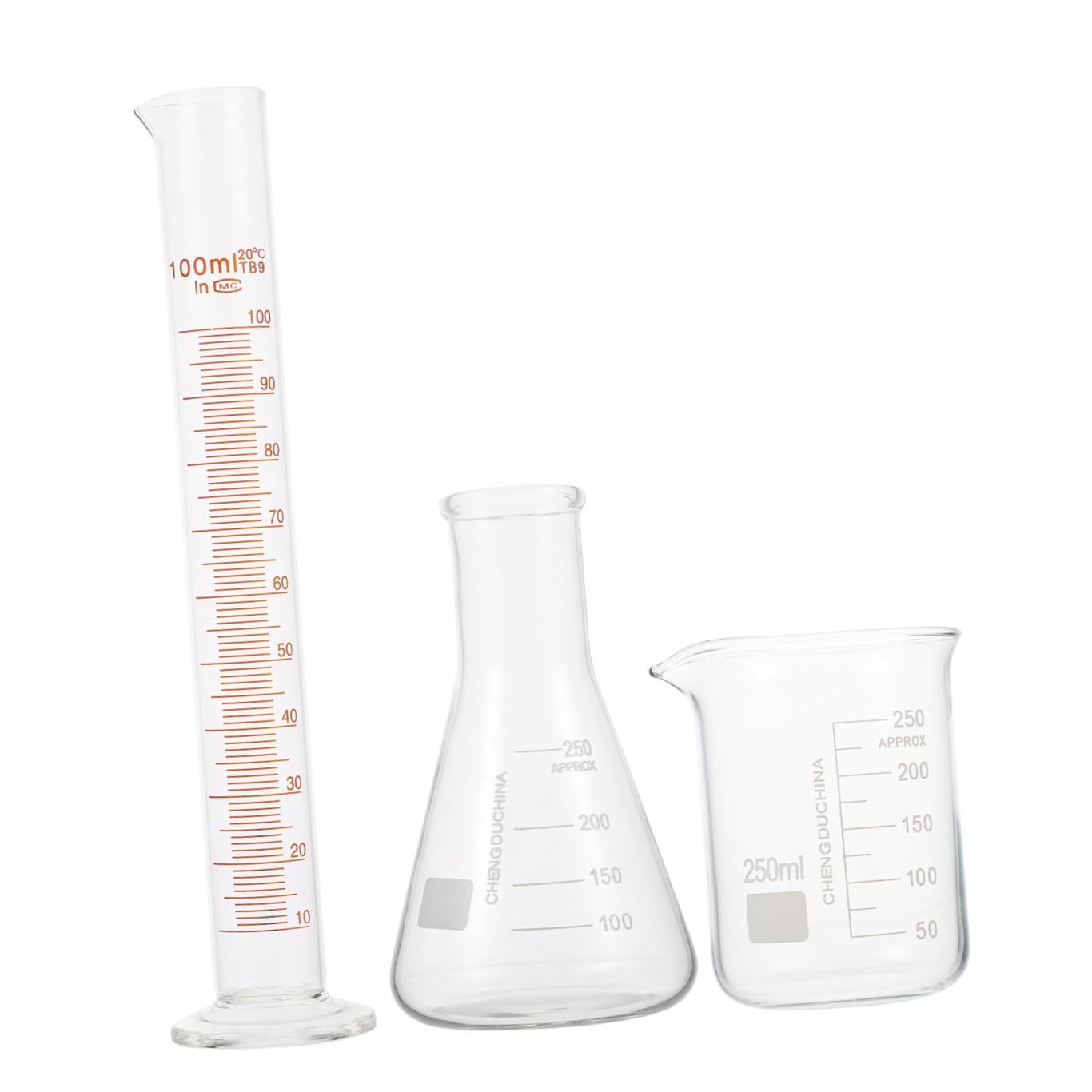 KOMBIUDA Wissenschaftliches Laborbecher Satz aus Glas mit Messzylinder 100ml und Erlenmeyerkolben 250ml für Genaue Messungen im Labor und Experimentelle Projekte