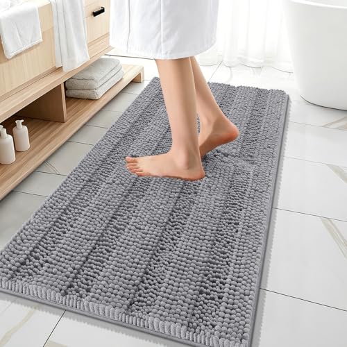 Image of OLANLY Thick Bathroom Runner Rugs 47x20, Extra Absorbent Chenille Striped Bath Rugs, Rubber Backing, Machine Wash Dry, Long Bath Mats for Bathroom Floor, Tub and Shower, Home Decor Accessories, Grey
