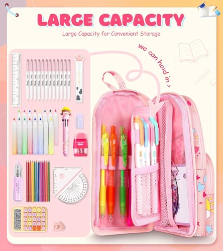Image of Dravina Canvas Large Capacity Pencil Pouch with 3 Zippers & 5 Compartments| Aesthetic Stationary Standing Pencil Case| Waterproof School Box for Girls & Boys Unicorn Pencil Box (Pink Unicorn)