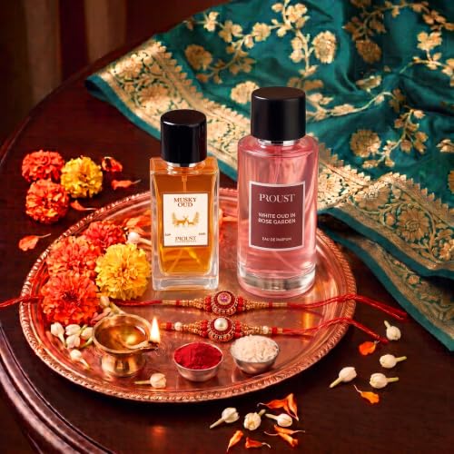 Image of PROUSTFRAGRANCES White Oud Perfume 100ml Raksha Bandhan Fragrance Gift Set | Musky Oud EDP 50ml, 2 Designer Rakhis & 1 Tester included | Premium festive combo with romantic floral and intense oud