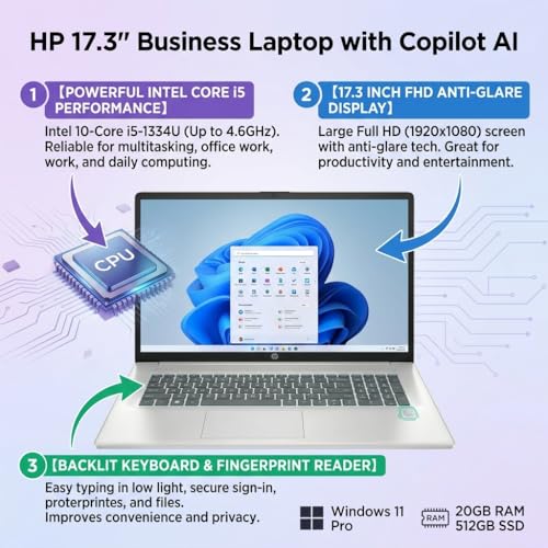 Image of HP 17.3 inch Business Laptop, 20GB RAM 512GB SSD, FHD Anti-Glare Display, Intel 10-Core i5-1334U (Up to 4.6GHz), Backlit Keyboard, Fingerprint Reader, Win 11 Pro, Copilot AI for Office Work & Study