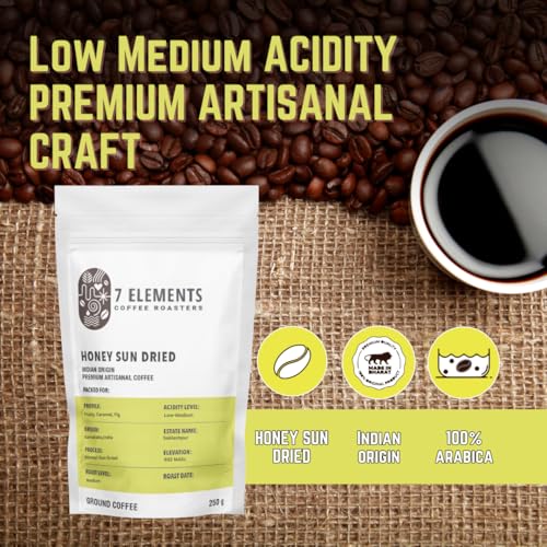 Image of 7 Elements Coffee Roasters Honey Sun Dried Ground Coffee - 250 g (Pack of 1) | Medium Roast (Pour-over Grind) | 100% Arabica Freshly Roasted Coffee Grounds | AA Grade | Rich Flavorful Coffee