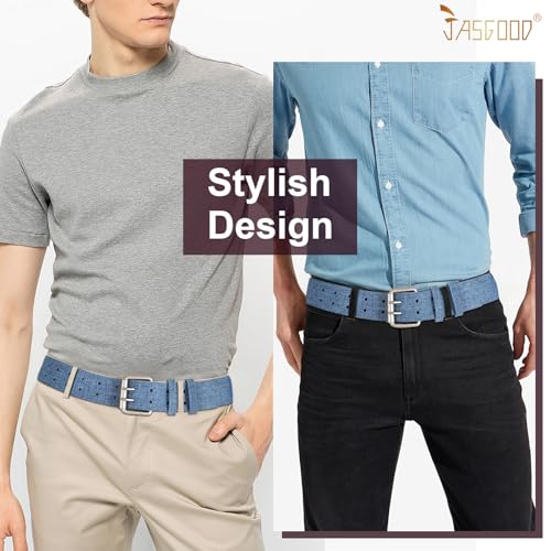 Image of JASGOOD Men Double Prong PU Leather Belt Casual Work Heavy Duty Belt Double Grommet Holes Belt for Jeans