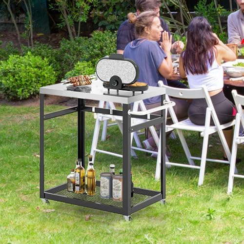 Generisch Grilltisch Outdoor, Servierwagen mit 2 Ablagen & 4 Rädern & Griff & 4 Haken, Pizzatisch Beistelltisch Grillwagen für Hinterhof, Garten, Terrasse (2 Ablagen), Schwarz + Silber