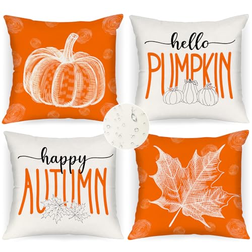 Outdoor Fall Throw Pillow Covers 18x18 Set of 4, Decorative Water...