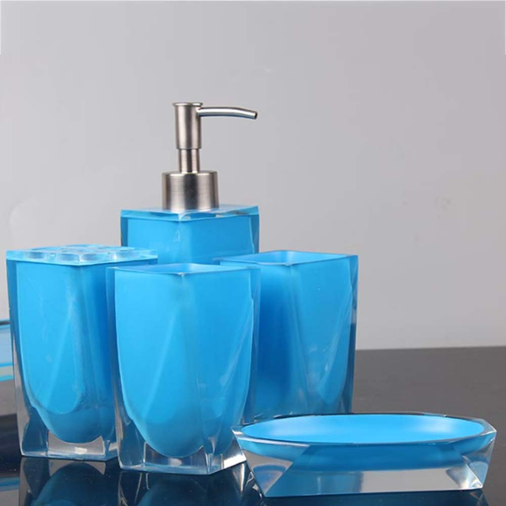 Juego de Accesorios de Baño de Resina Conjunto de Baño con Porta Cepillo de Dientes, 2 Tazas, Dispensador de Jabón Líquido, Jabonera,Azul