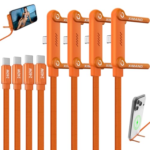 Image of Invisible Holder Charger Cable, 240W USB C to Lightning Cable 1.5M /4.9FT Braided Fast Charging Cord, 90 degree Connector & 360 Adjustable Stand for iphone, Gaming, Home, Office, Orange, 4 PACK