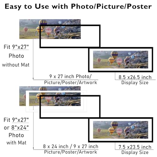 Image of JCJMY 9x27 Picture Frame with 8x24 Mat, Display Photo 8x24 with Mat or 9 x 27 Without Mat, Wall Hanging Large 9 by 27 Poster Frame with Plexiglass, Black