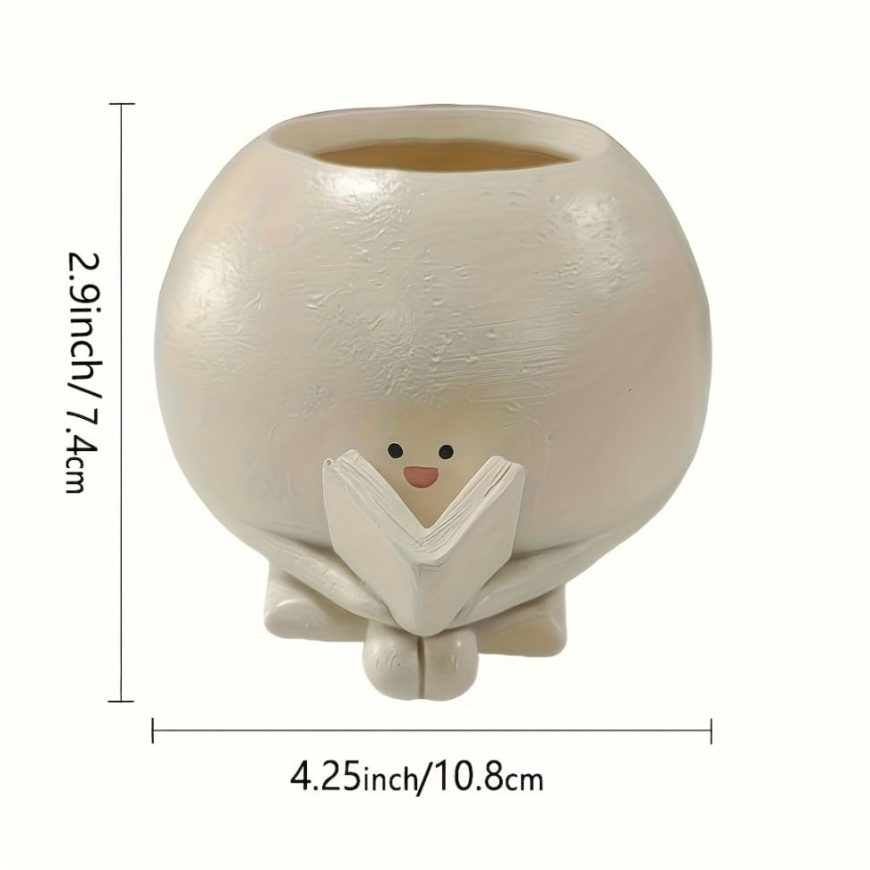 Image of Cute Resin Planter Pot with Book Reading Design - 4.25 Inch Succulent Pot for Desk, Shelf or Office Decor - Small Indoor Plant Container | No Plants or Floral Included