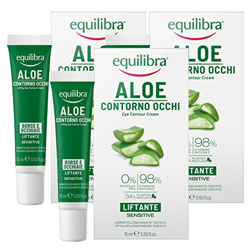 Equilibra Aloe Contorno Occhi Sensitive Crema ad Effetto Liftante per Borse e Occhiaie Azione Levigante con Acido Ialuronico Pelle Idratata - 3 Flaconi da 15ml