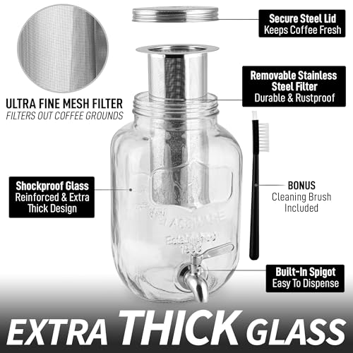 Image of Zulay 1 Gallon /128oz Cold Brew Maker - Thick Glass Cold Brew Pitcher with Stainless Steel Filter, Lid & Spout - Large Cold Brew Coffee Maker - Iced Coffee & Sun Tea Pitcher for Fridge - Silver