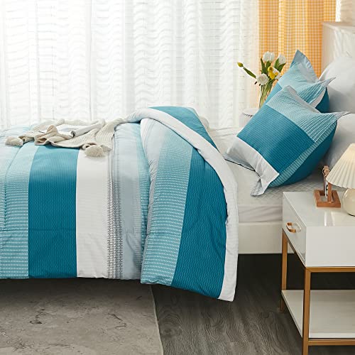 Litanika Full Comforter Set White Teal - 3 Pieces Lightweight Fluffy Bedding Comforter Sets, All Season Down Alternative Comforter (1 Comforter, 2 Pillowcases)