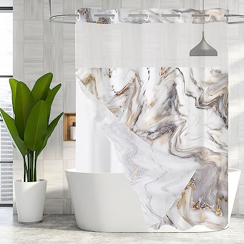 MitoVilla No Hooks Needed Marble Shower Curtain Set with Snap-in Liner, Modern Abstract Shower Curtains for Luxury Hotel Grade Spa-Like Bathroom Decor, Grey Gold, 72 x 74 (SC-2020070105-72-74)