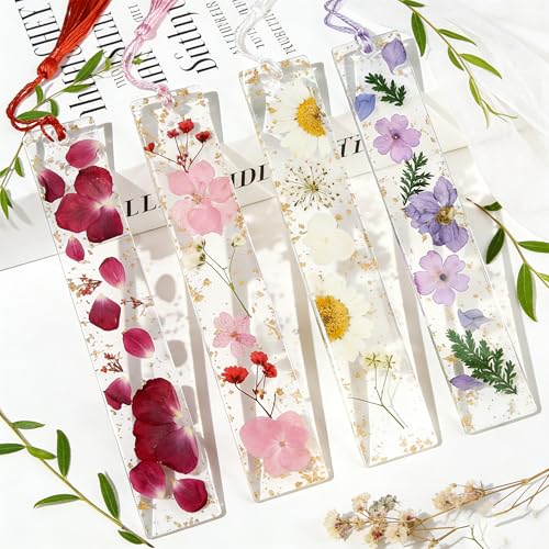 4pcs Pressed Flower Bookmark Pretty Floral Bookmark Durable Handmade Dried Flower Bookmarks for Women Reading Gift (Style B)