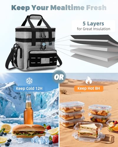Image of holuxer Tactical Lunch Bag & Lunch Box for Men - Large Double Deck Expandable Insulated Soft Adult Lunchbox for Work - Cooler Bag for Beach, Picnic, Camping,Outdoor,Travel (Gray,16L)