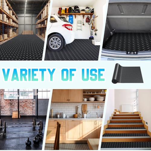 Image of Breling 16 in x 32.8 ft Rubber Flooring Rolls Mats, Heavy Duty Diamond Plate Garage Floor Mat, PVC Water /Stain Outside Resistant Parking Rv Trailer Flooring(Black)