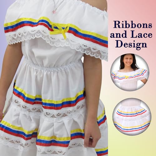 Colombian, Venezuelan, & Ecuadorian White Dress with Yellow, Blue, & Red Ribbons for Toddlers & Girls3