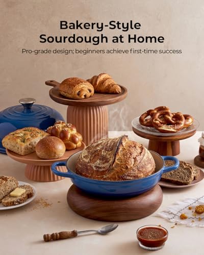 Image of 5QT Enameled Cast Iron Sourdough Bread Oven for Homemade, Blue | Tight-fitting Dome Lid, Shallow Base Supports Easier Loading & Crisp Sourdough Crusts, Gifts for Sourdough Bakers