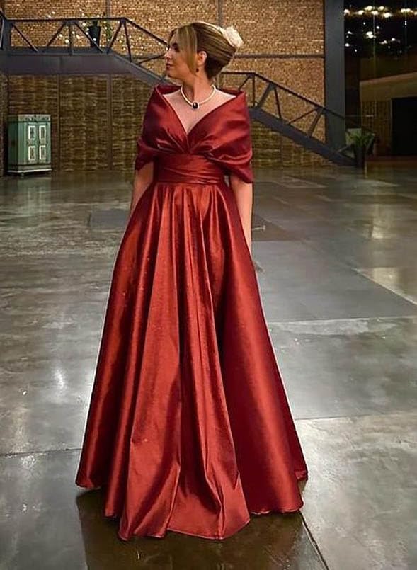 A-Line V-Neck Off The Shoulder Satin Mother of The Bride Dress Ruffles Formal Long Evening Dress4