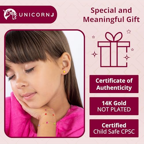 UNICORNJ 14k Yellow Gold Enamel Mini Heart Bracelet Vertical Stacked 5 Heart Station for Girls Kids Babies Made in Italy 5.25"4