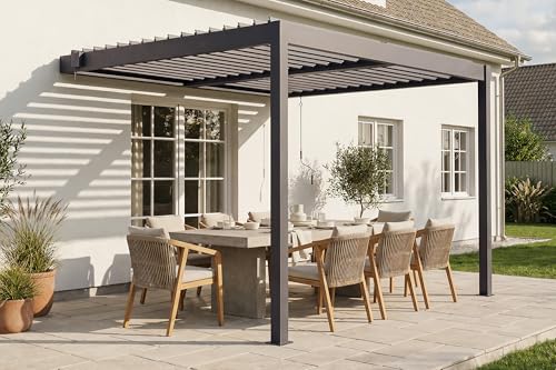 CAZEBOO Pérgola Bioclimática Adosada Piana 304x255 cm (3x2,5 m – 8 m²) Aluminio Gris Antracita – Lamas Orientables 0-110° Acero – Resistente Viento 70 km/h – Kit Completo con Manivela