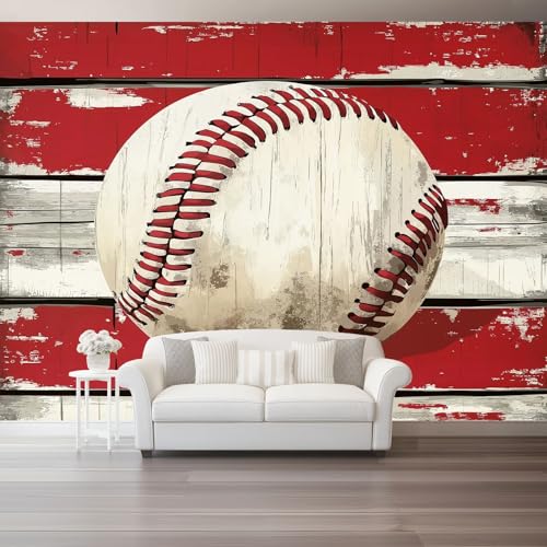 Papel tapiz fotográfico 350 x 256 cm Revestimiento de paredes decoración de salón Diseño Deportes Béisbol Retro para dormitorio, sala de estar, papel tapiz no tejido, decoración de pared, Rojo Blanco