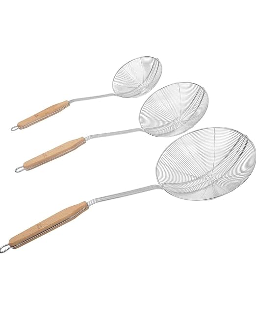 Stainless Steel Deep Frying Spoon Oil Strainer with V Shape Wooden