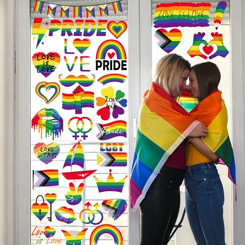 Image of 62 PCS Gay Pride Window Clings, 9 Sheets Pride Decorations, Double-Sided Rainbow Window Clings with Progress Flag Equality Love Motifs, LGBT Stickers for Lesbian Pansexual Bisexual Home Decor