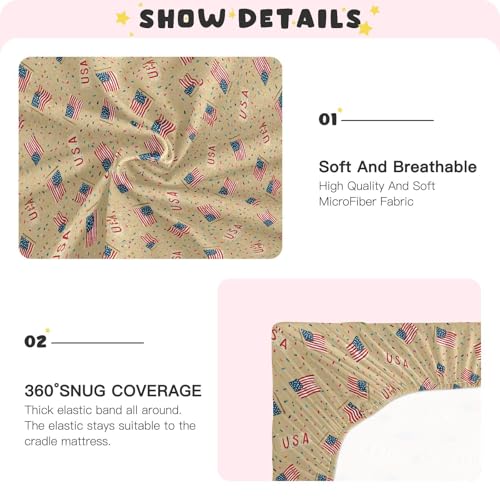 Image of Crib Sheet Breathable Soft Crib Mattress Sheet for Baby Toddler Boys Girls Fitted Crib Sheet Fit Standard Crib Mattress 52 x 28 Inch Tan July 4th American Flags