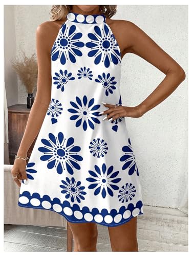 Image of Floerns Women's Sleeveless Floral Print Sundress Halter Neck A Line Short Dress