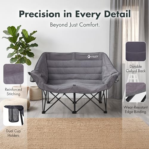Silla de Camping Doble VILLEY Sobredimensionada, Loveseat Plegable de Alta Resistencia, Gris miniatura 6