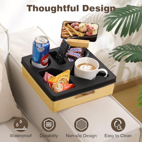Kssiaz Couch Cup Holder Tray, Sofa Cup Holder with Rotatable Phone Holder, Couch Caddy for Bed Sofa Organizer, Waterproof Anti-Spill Cup Holder for Snacks Beverage Remote, Black
