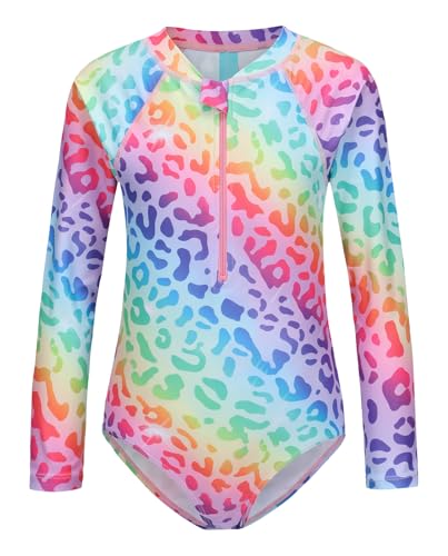 Image of Girls One Piece Rash Guard Long Sleeve Swimsuits for Girls UPF 50+ Sun Protection Bathing Suits 3-16 Years