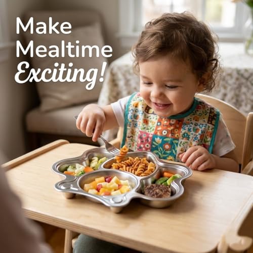 Image of Happy Hues Stainless Steel Divided Meal Plate Tray-3 Compartments Dinner Dish for Baby (BEE)