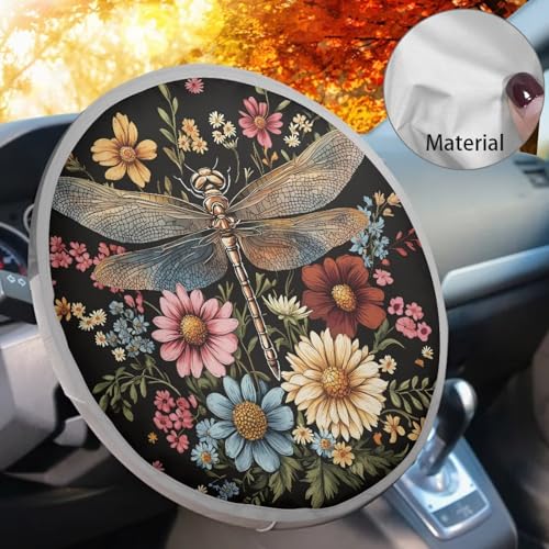 Image of Flower Dragonfly Car Steering Wheel Sun Shade Cover Foldable Car Interior Accessories Sun Shade for UV Protection Lightweight Universal Fit Most Cars Women Men