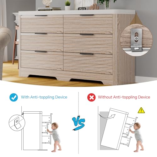 Image of FUSUNBAO Fluted 6 Drawer Dresser, Modern Wood Dresser for Bedroom,TV Stand,Thickened Curved Profile Design,Bedroom,Entryway,Wood Drawer Organizer(Natural Oak)