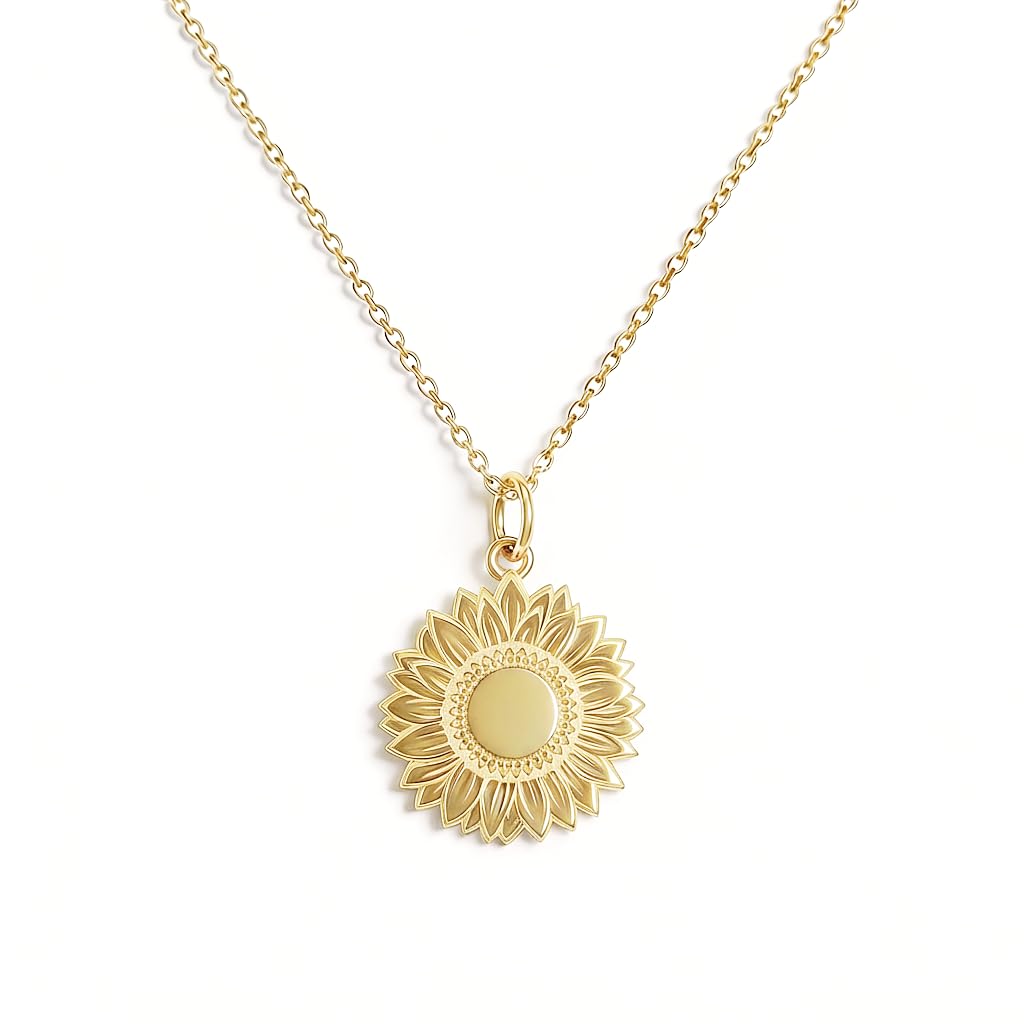 Collar de oro amarillo de 18 quilates, diseño de flor de girasol, 3,64 g, cadena de cable 45,5 cm