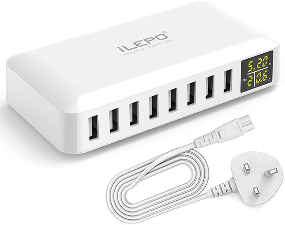 OUNA 8 Ports Smart USB r 50W 8A Multi Port USB Hub wi L Display Fast Charging Wall r Power Adapter wi 4ft Long Power Cord