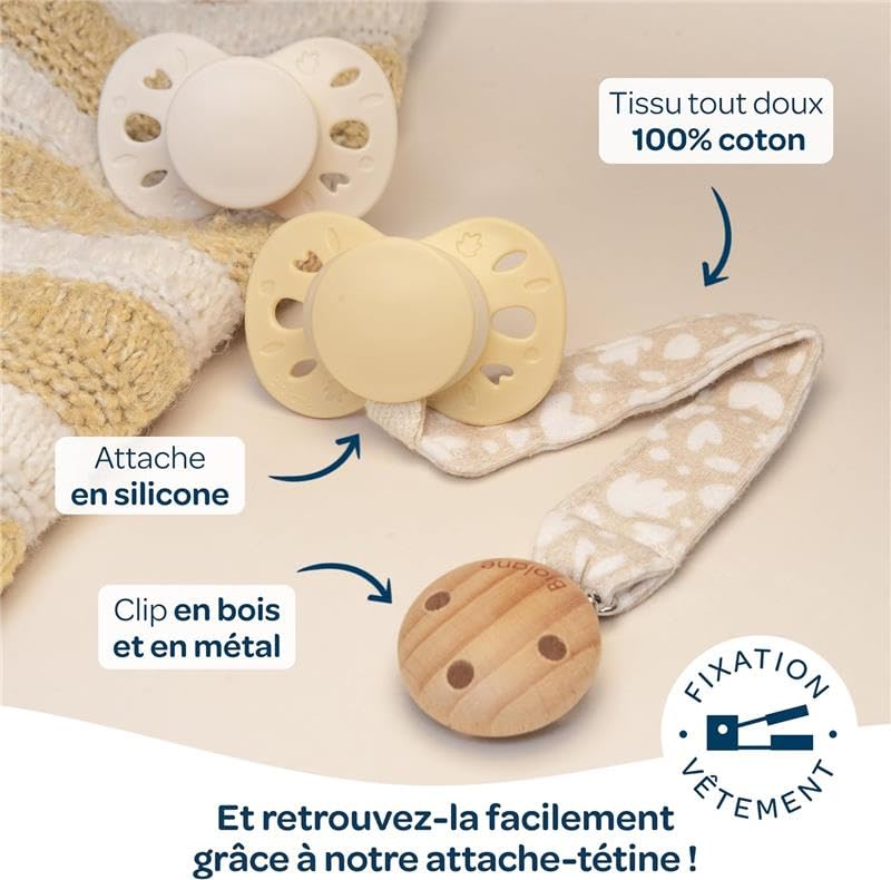 BIOLANE - Anatomische spenen voor dieren - Extra dunne fopspenen - 6 tot 18 maanden - Geel en beige - Platte en omkeerbare speen - Optimaal draagcomfort- Respect voor de mondontwikkeling