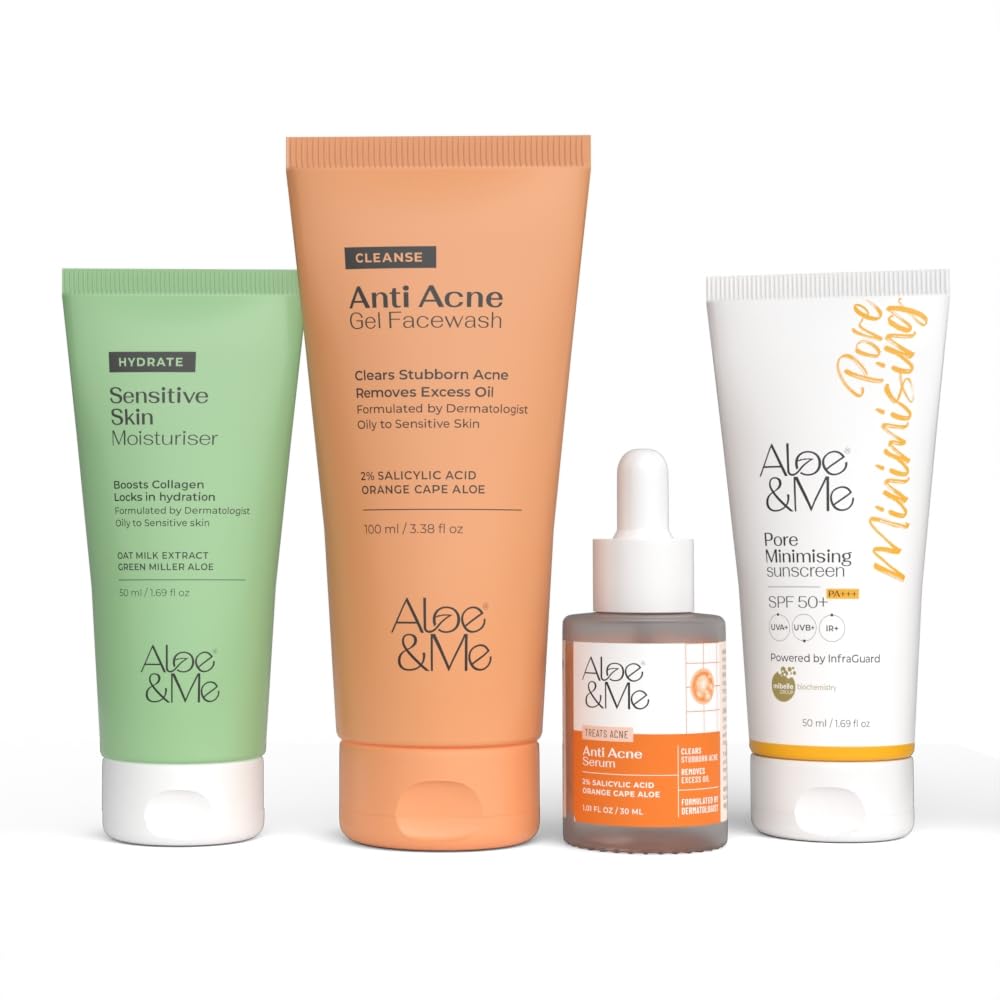 Aloe&ME 4 Step Anti Acne Kit | Anti Acne Gel Facewash, De-Tan Matte Sunscreen Gel, Moisturizer, Anti Acne Serum | for All Skin Types | Men and Women