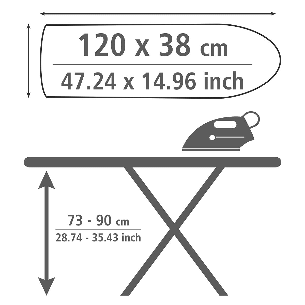WENKO Bügeltisch Classic Black, Bügelbrett, dampfbügelgeeignet, mehrfach höhenverstellbar 73-90 cm, besonders standfest in Schwarz Ø 22/28 mm, Bügelfläche 120 x 38 cm, 8 mm Polsterung